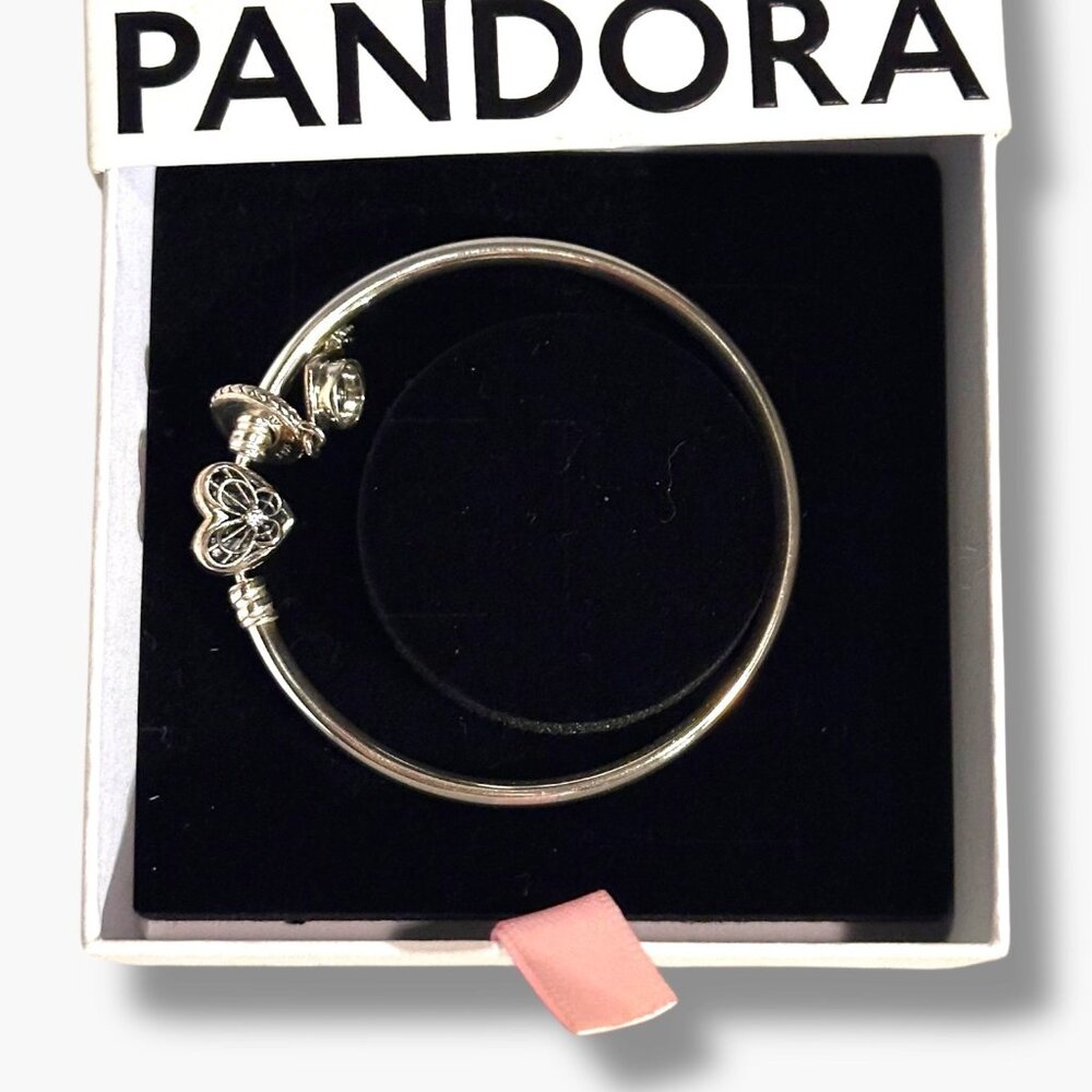 Pandora Heart Charm Bangle Bracelet - Sterling Silver Graduation Cap Milestone G